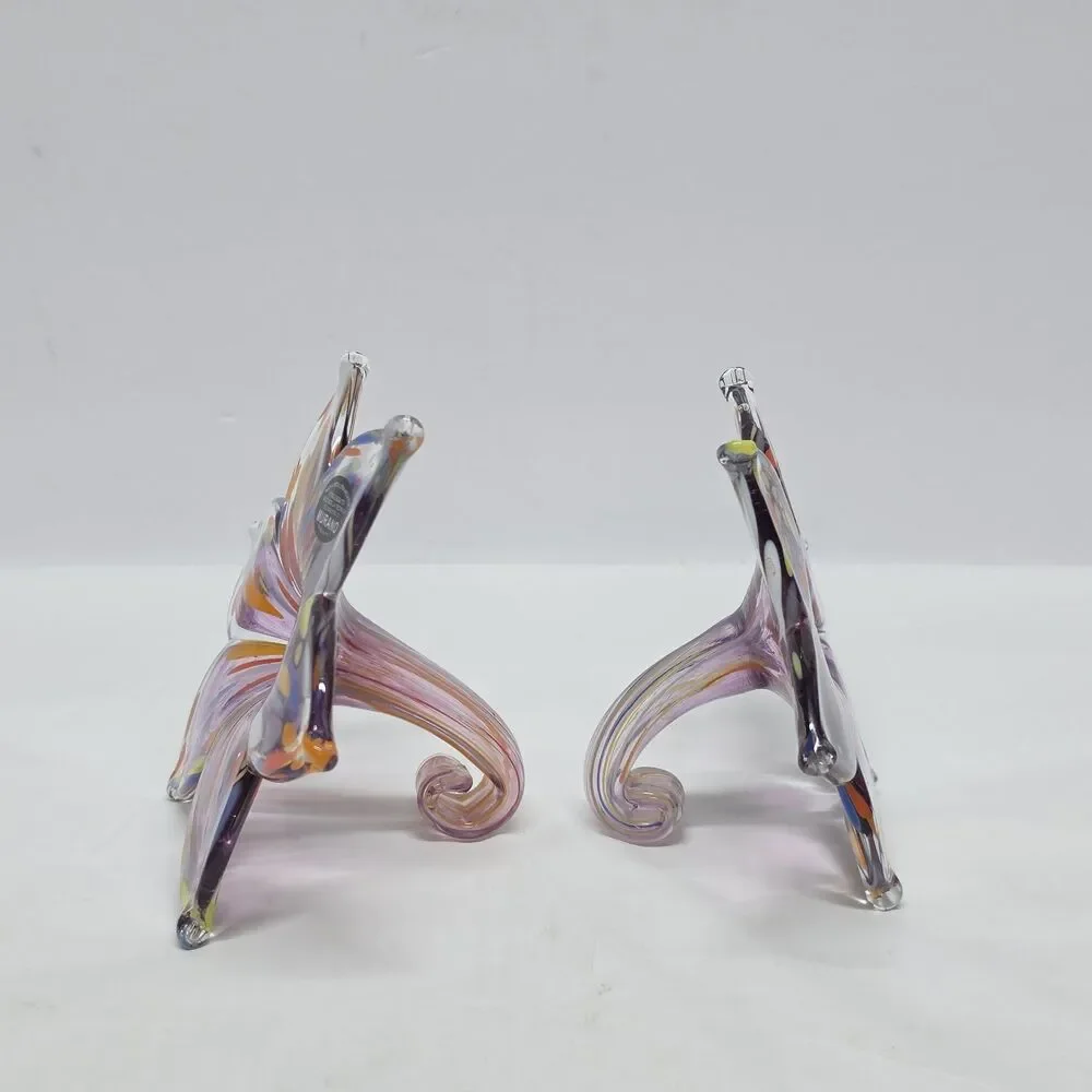 Murano Style Blown Glass Flower Set Of 2 Purple Clear Made in Italy New